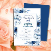 Invitation Elégant bleu 40e anniversaire tonalités florales d