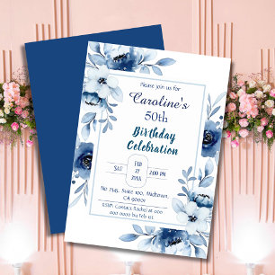 Invitation Elégant bleu 50e anniversaire floral nuances de bl