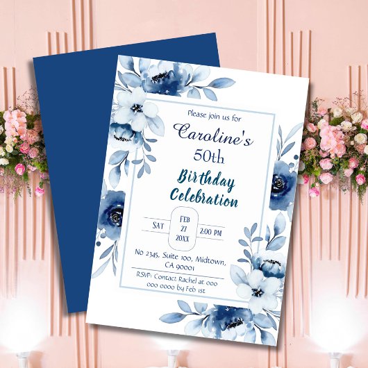 Invitation Elégant bleu 50e anniversaire floral nuances de bl