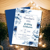 Invitation Elégant bleu 55e anniversaire floral nuances de bl