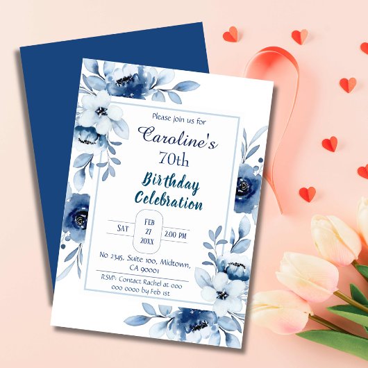 Invitation Elégant bleu 70e anniversaire tons floral bleu