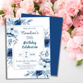Invitation Elégant bleu 70e anniversaire tons floral bleu