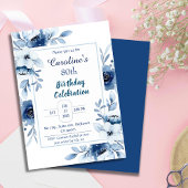 Invitation Elégant bleu 80e anniversaire tonalités florales d