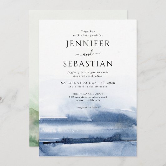 Invitation Elégant bleu Abstrait Aquarelle Mariage éthérée (Devant / Derrière)