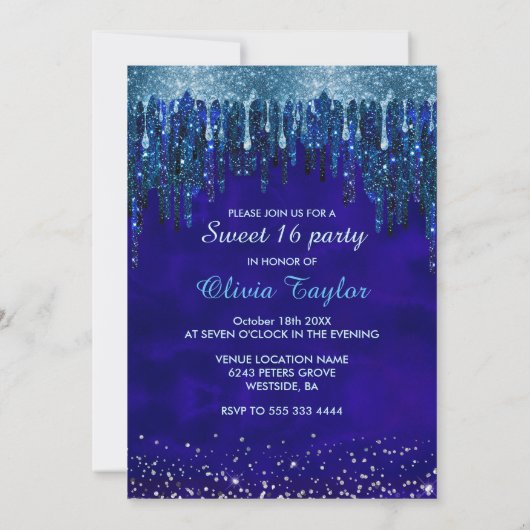 Invitation Elégant bleu aqua gouttes parties scintillant ball (Dos)