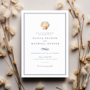 Invitation Elégant bleu aquarelle Coquillage Océan Mariage