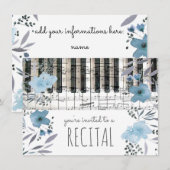 Invitation élégant bleu aquarelle fleurs musique (Devant / Derrière)