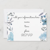 Invitation élégant bleu aquarelle fleurs musique (Dos)