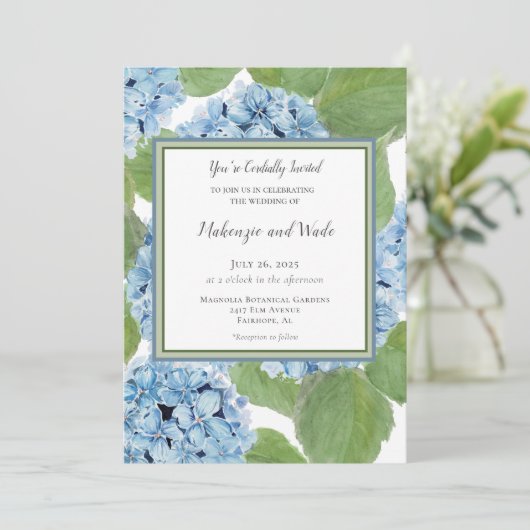 Invitation Elégant bleu aquarelle Hydrangea Floral Mariage (Debout devant)