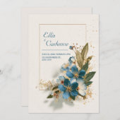 Invitation Elégant bleu azur Floral & Mariage or (Devant / Derrière)