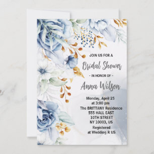 Invitation élégant bleu blanc et or floral douche de mariage