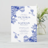 Invitation Elégant bleu blanc Fleur Chinoiserie Chic Mariage (Debout devant)