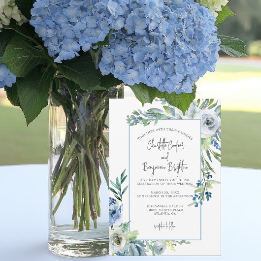 Invitation Elégant Bleu Blanc Floral Printemps Jardin Mariage