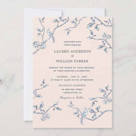 Invitation Elégant bleu & blanc mariage de toile française (Devant)