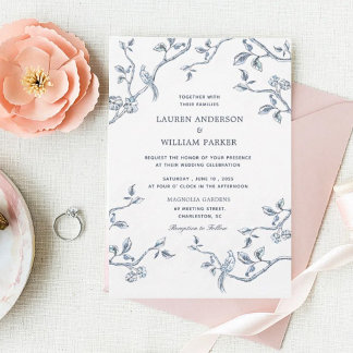 Invitation Elégant bleu & blanc mariage de toile française