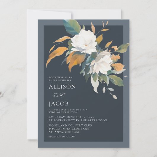 Invitation Elégant bleu bleu bleu blanc Mariage floral (Devant)