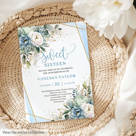 Invitation Elégant bleu bleu bleu blanc or Floral Sweet 16