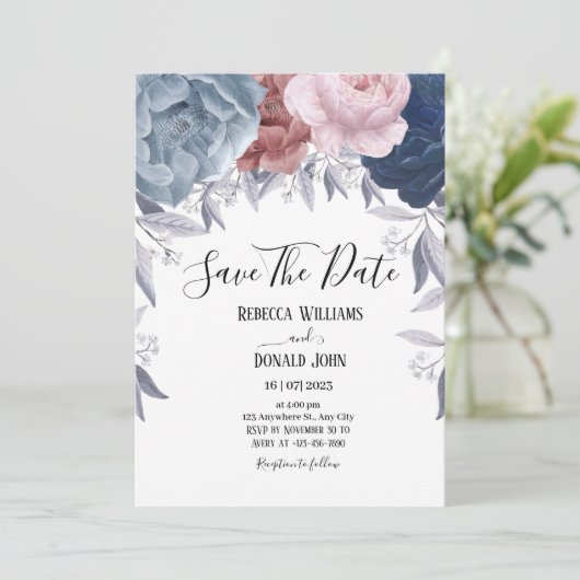 Invitation Elégant bleu bleu bleu bleu bleu rose Rose floral (Debout devant)