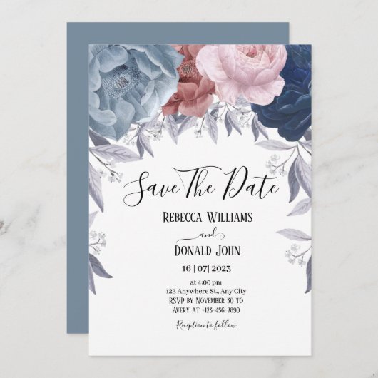 Invitation Elégant bleu bleu bleu bleu bleu rose Rose floral (Devant / Derrière)