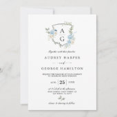 Invitation Elégant bleu bleu bleu floral Monogram Crest Maria (Devant)