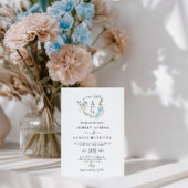 Invitation Elégant bleu bleu bleu floral Monogram Crest Maria