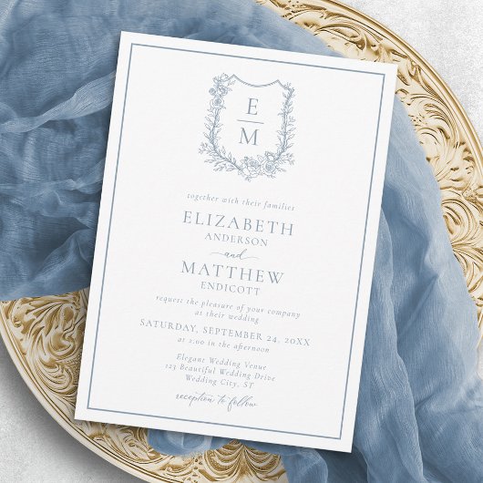 Invitation Elégant bleu bleu floral Crest Mariage