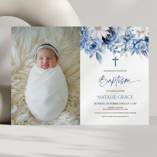 Invitation Elégant bleu bleu floral personnalisé photo Baptêm