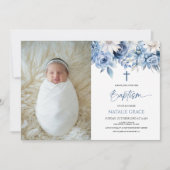 Invitation Elégant bleu bleu floral personnalisé photo Baptêm (Devant)