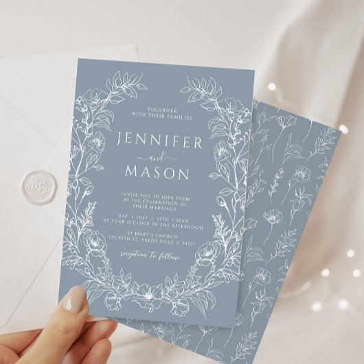 Invitation Elégant bleu bleu floral wreath mariage bohème