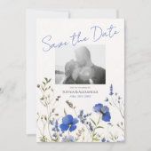 Invitation Elégant bleu Boho Fleurs sauvages photo Enregistre (Devant)