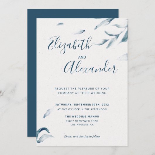 Invitation Elégant bleu botanique aquarelle simple mariage (Devant / Derrière)