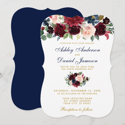 Invitation Elégant bleu Bourgogne Aquarelle Floral Mariage BG (Devant / Derrière)