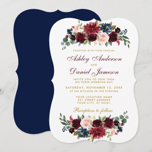 Invitation Elégant bleu Bourgogne Aquarelle Floral Mariage BR (Devant / Derrière)