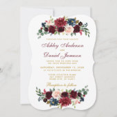 Invitation Elégant bleu Bourgogne Aquarelle Floral Mariage BR (Devant)