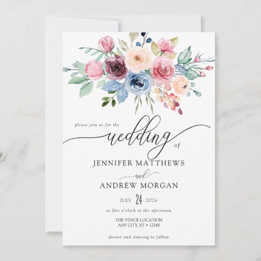 Invitation Elégant bleu Bourgogne Fleurs QR Code Mariage (Devant)