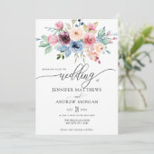 Invitation Elégant bleu Bourgogne Fleurs QR Code Mariage (Debout devant)