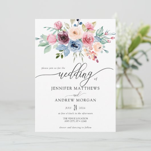 Invitation Elégant bleu Bourgogne Fleurs QR Code Mariage (Debout devant)