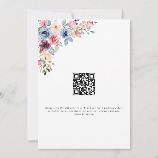 Invitation Elégant bleu Bourgogne Fleurs QR Code Mariage (Dos)