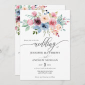 Invitation Elégant bleu Bourgogne Fleurs QR Code Mariage (Devant / Derrière)