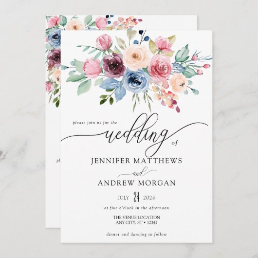 Invitation Elégant bleu Bourgogne Fleurs QR Code Mariage (Devant / Derrière)