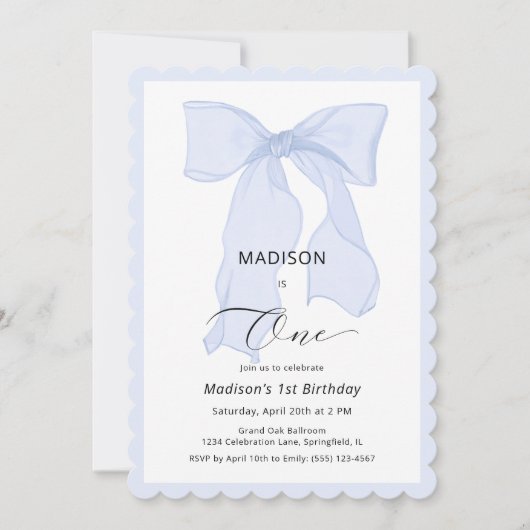 Invitation Elégant Bleu Bow premier anniversaire (Devant)