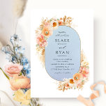 Invitation Elégant bleu, brun de Pêche et Mariage ovale crème<br><div class="desc">Dégustez vos invités avec cette élégante invitation de mariage avec une belle arche ovale d'aquarelle bleue avec d'exquises aquarelles florales entourant vos détails mariages avec des fleurs, du feuillage et de l'herbe pampa dans un magnifique mélange de teintes pêche, orange, rose roux, crème et champagne. Aptitude à changer "avec leurs...</div>
