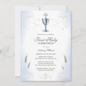 Invitation Elégant Bleu Catholique Garçon Première Communion (Devant)