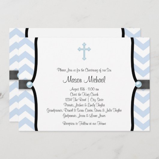 Invitation Elégant bleu Chevron Christening (Devant / Derrière)