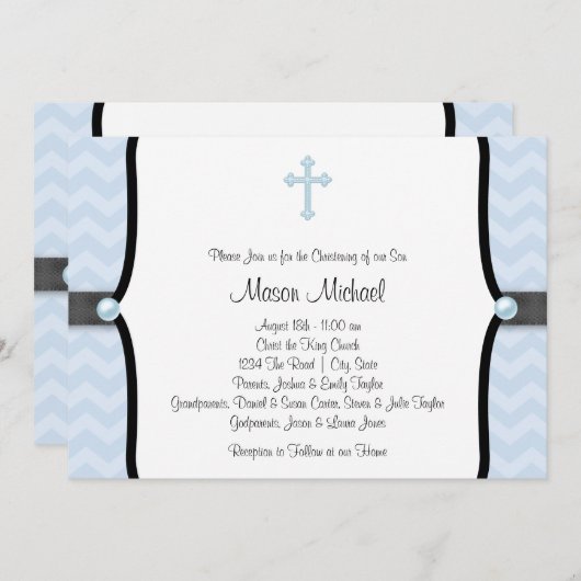 Invitation Elégant bleu Chevron Christening (Devant / Derrière)