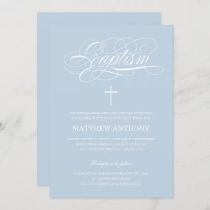 Invitation Élégant bleu clair Calligraphie Baptême
