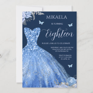 Invitation Elégant bleu clair Gown Floral 18e anniversaire