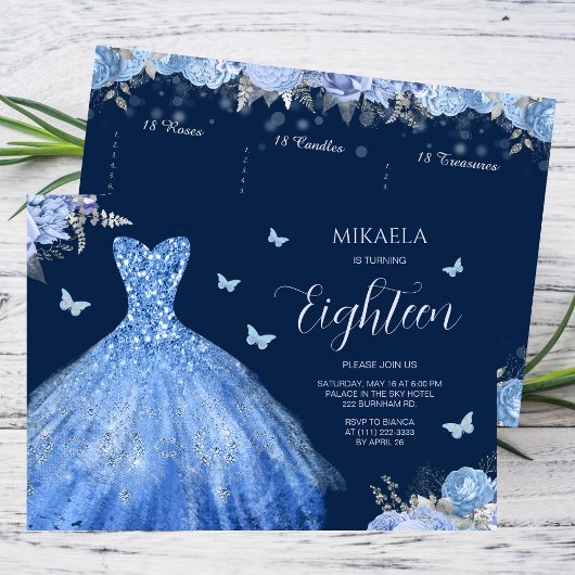 Invitation Elégant bleu clair Gown Floral 18e anniversaire