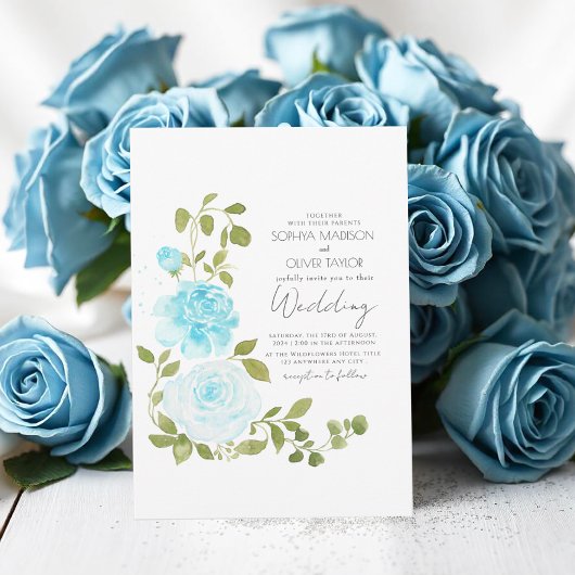 Invitation Élégant bleu clair Roses Floral Botanique