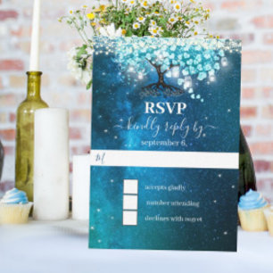 Invitation Elégant Bleu Coeur Feuille Arbre Mariage ENREGISTR